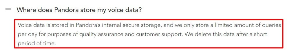 Pandora Voice Mode FAQ: Where does Pandora store my voice data section