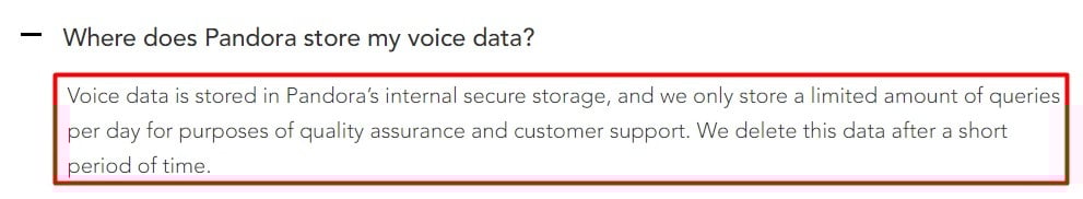 Pandora Voice Mode FAQ: Where does Pandora store my voice data section