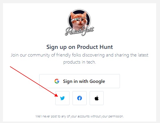 Product Hunt Sign-in screen with Twitter highlighted