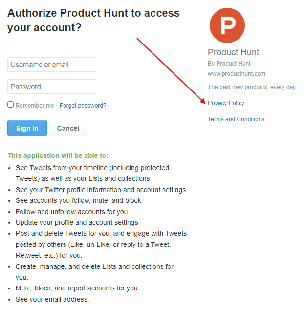 Product Hunt Twitter sign-in Authorize screen with Privacy Policy URL highlighted