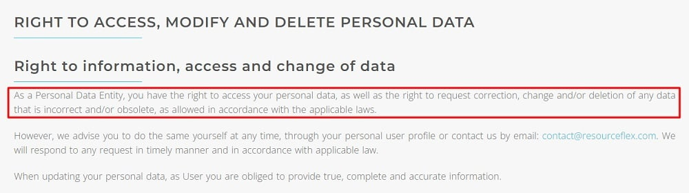 ResourceFlex Privacy Policy: Right to access, modify, and delete personal data clause - Right to information, access and change of data section