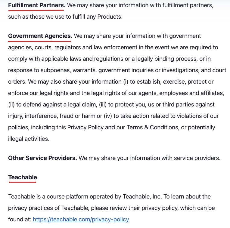 Ryan Robinson Privacy Policy: Share data with partners and government agencies sections