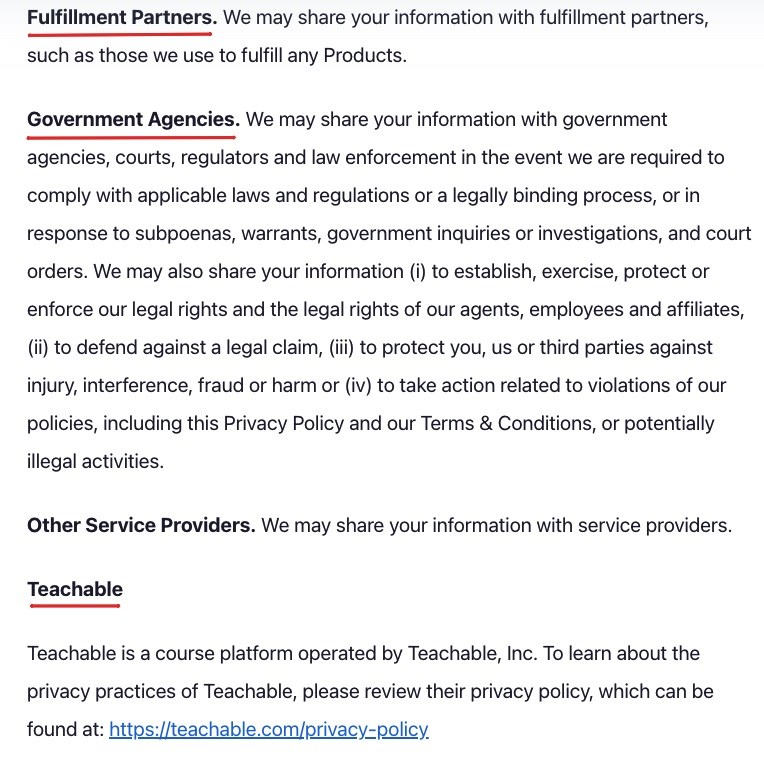 Ryan Robinson Privacy Policy: Share data with partners and government agencies sections