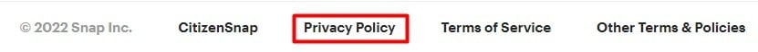 Snap Inc website footer with Privacy Policy link highlighted