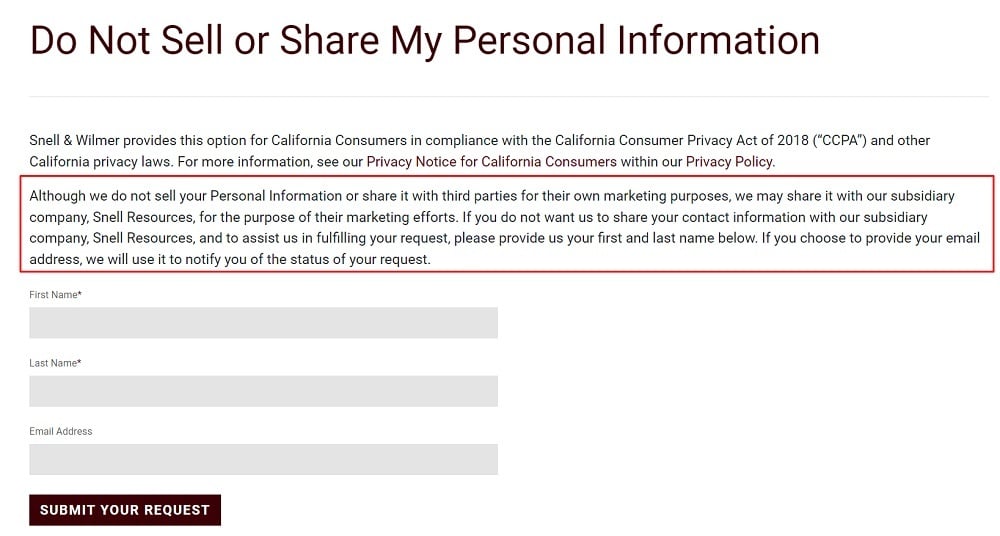 Snell and Wilmer: Do Not Sell or Share My Personal Information page
