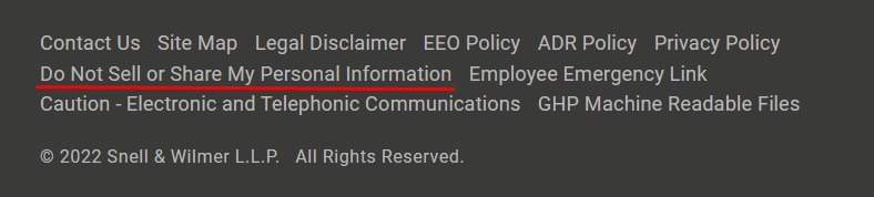 Snell and Wilmer website footer with Do Not Sell or Share My Personal Information link highlighted