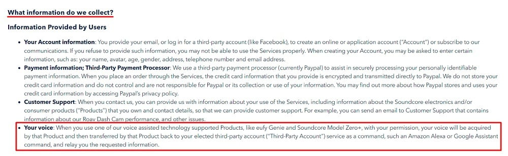 Soundcore Privacy Policy: What information do we collect clause with voice section highlighted