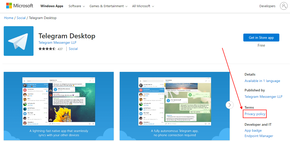 Telegram Desktop: Microsoft Windows App Store listing with Privacy Policy URL highlighted