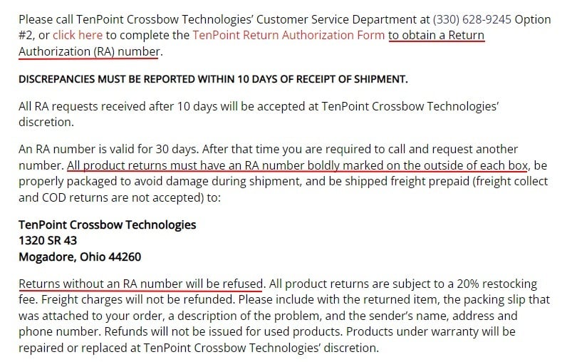 TenPoint Crossbow Technology Return Policy: Return merchandise authorization number sections highlighted