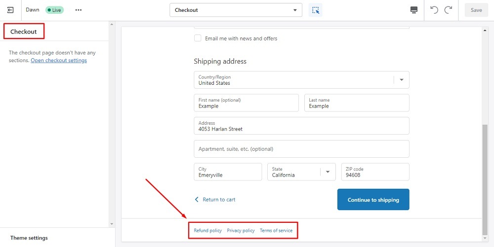TermsFeed Shopify: Editor Checkout page with Store policies added in the footer highlighted