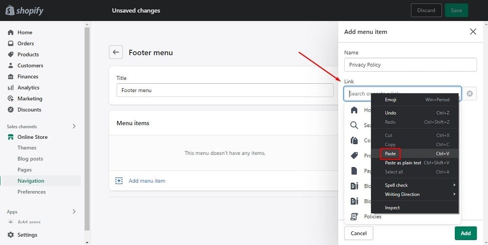 TermsFeed Shopify: Navigation - Footer Menu - Add menu item - Paste Privacy Policy URL into Link field highlighted