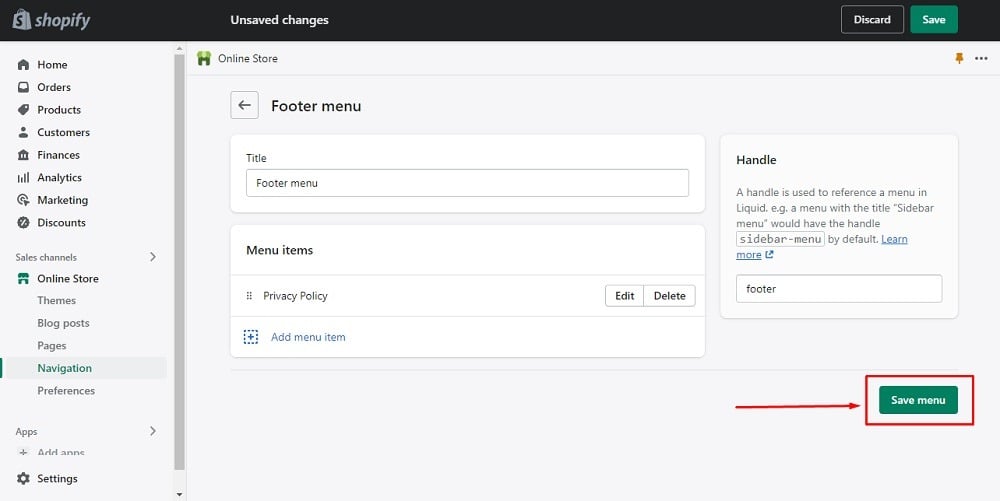 TermsFeed Shopify: Footer Menu - Privacy Policy menu item added with Save menu button highlighted