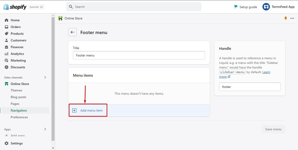 TermsFeed Shopify: Editor - Online Store with Navigation and Footer Menu - Add menu item highlighted