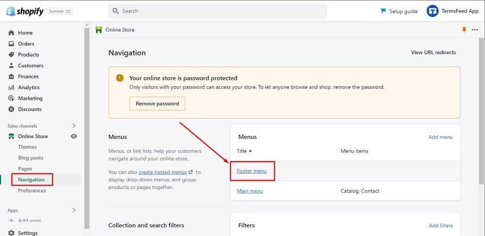 TermsFeed Shopify: Editor - Online Store with Navigation and Footer Menu highlighted