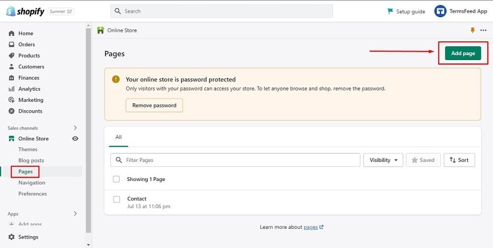 TermsFeed Shopify: Online Store - Pages and Add Page button highlighted