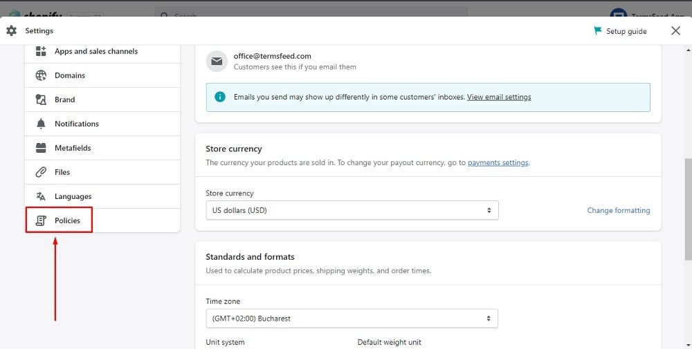 TermsFeed Shopify: Editor - Settings - Policies highlighted