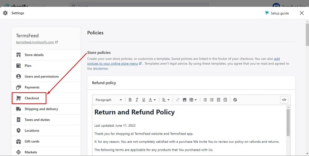 TermsFeed Shopify: Editor - Settings - Checkout highlighted