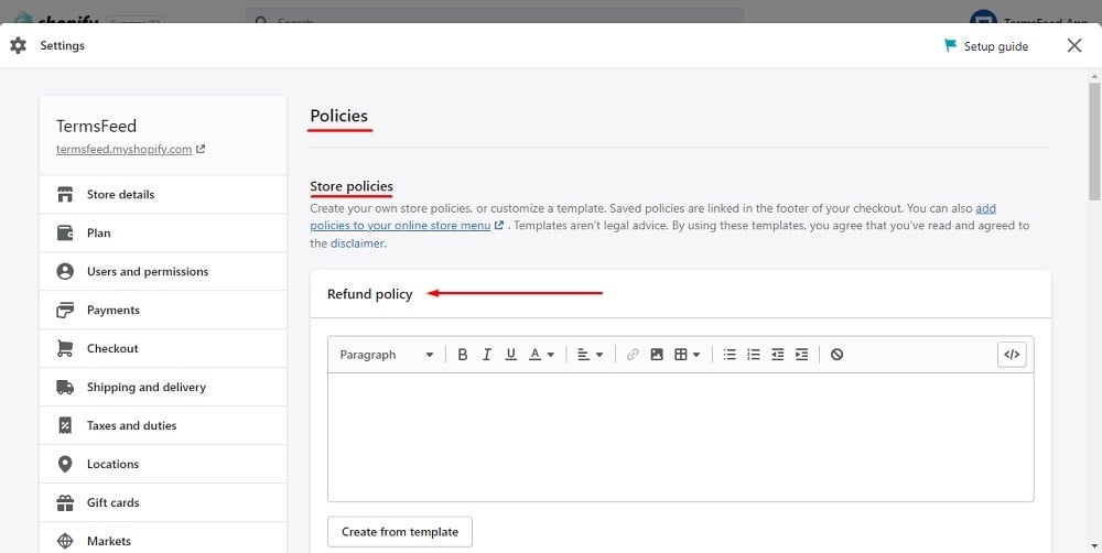 TermsFeed Shopify: Editor - Settings - Policies - Store policies highlighted