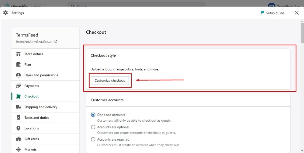 TermsFeed Shopify: Editor - Settings - Checkout - Style - Customize checkout button highlighted