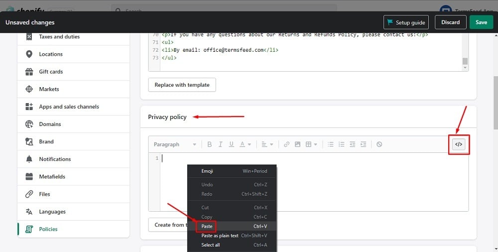 TermsFeed Shopify: Editor - Settings - Policies - Store policies - Paste Privacy Policy HTML highlighted