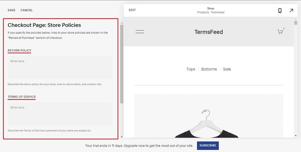 TermsFeed Squarespace: Website Dashboard - Commerce with Checkout Pages: Store Policies with empty fields highlighted