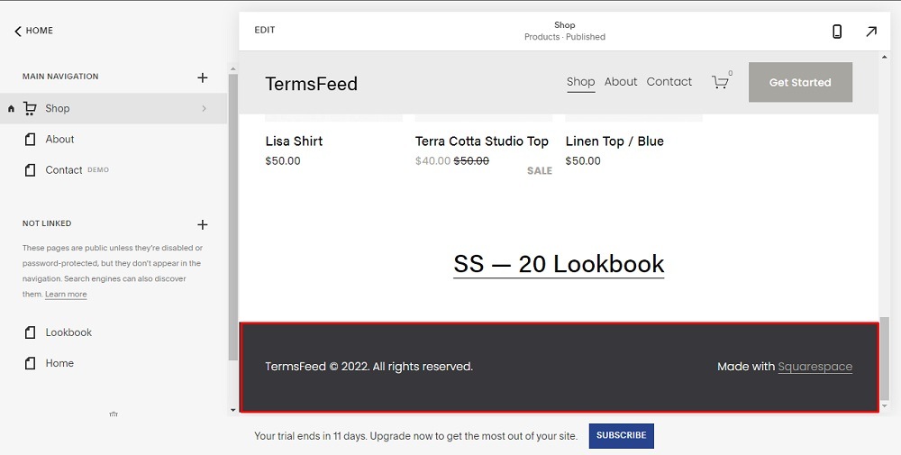 TermsFeed Squarespace: Dashboard with Website Footer highlighted