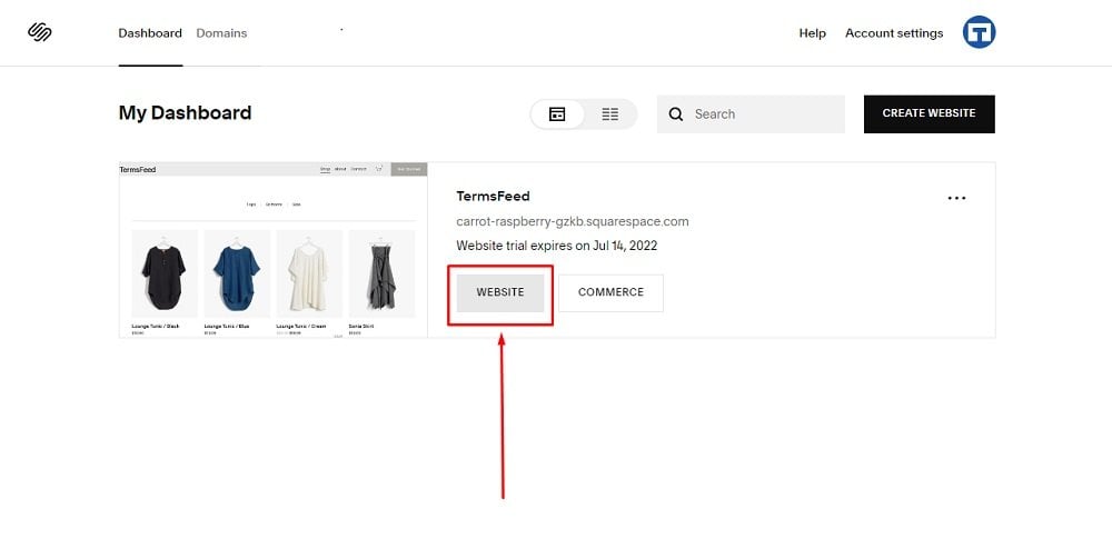 TermsFeed Squarespace: Dashboard with Website option highlighted