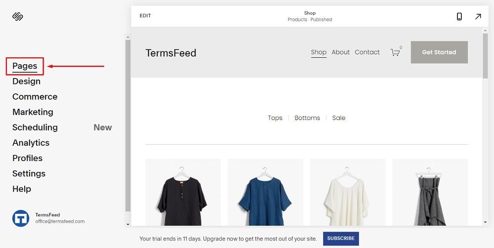 TermsFeed Squarespace: Website Builder Menu with Pages option highlighted
