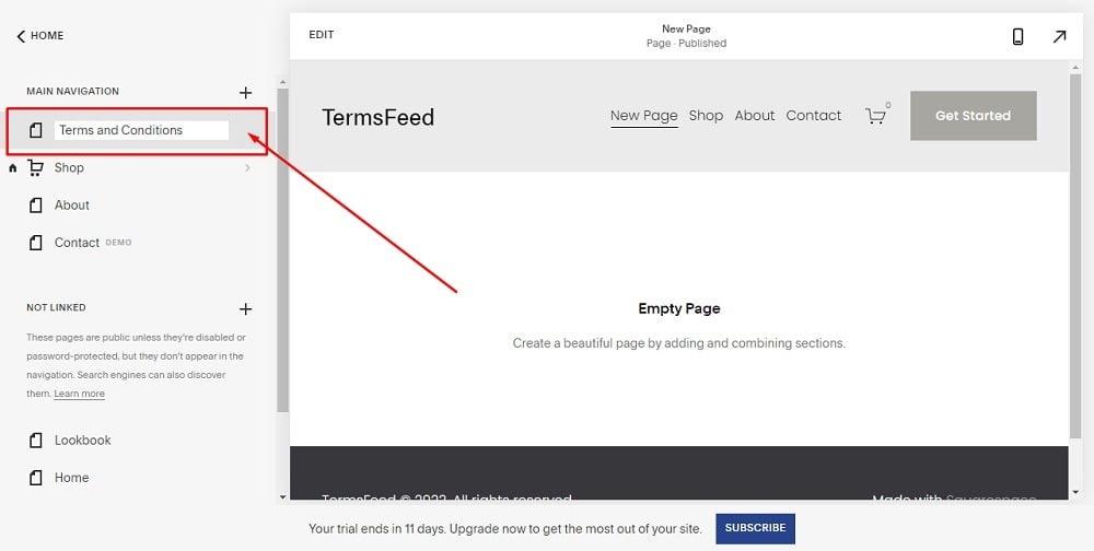TermsFeed Squarespace: Website Builder - Navigation Menu - Pages - Name New Page Terms and Conditions highlighted