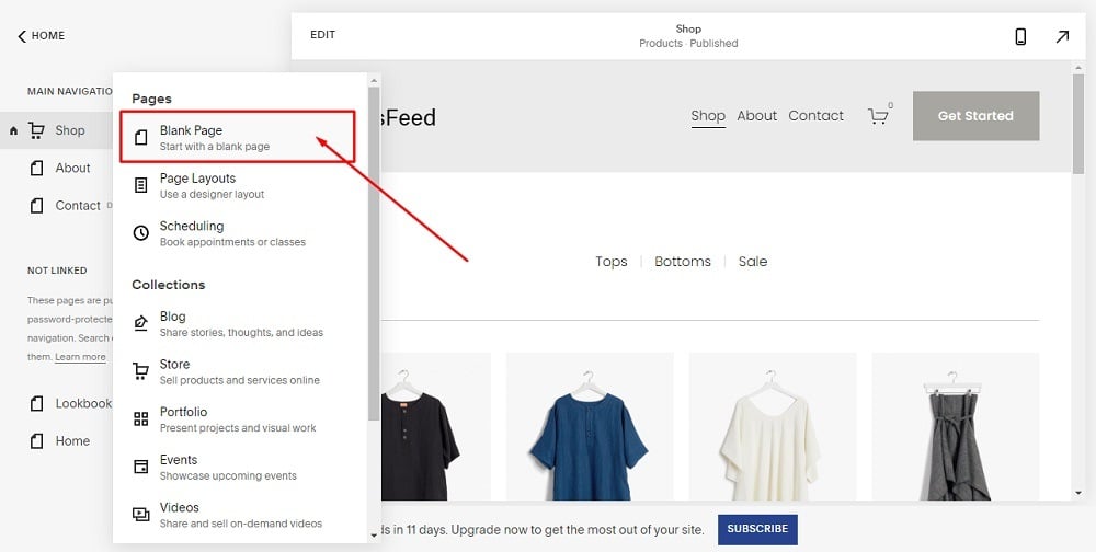 TermsFeed Squarespace: Website Builder - Navigation Menu - Pages - Plus with Blank Page option highlighted