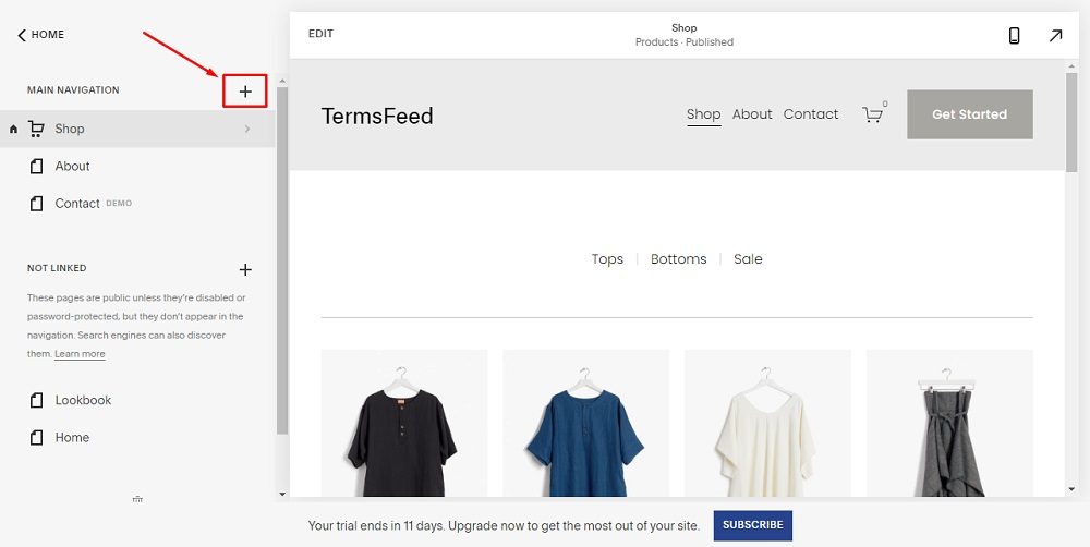 TermsFeed Squarespace: Website Builder - Navigation Menu - Pages - Plus option highlighted
