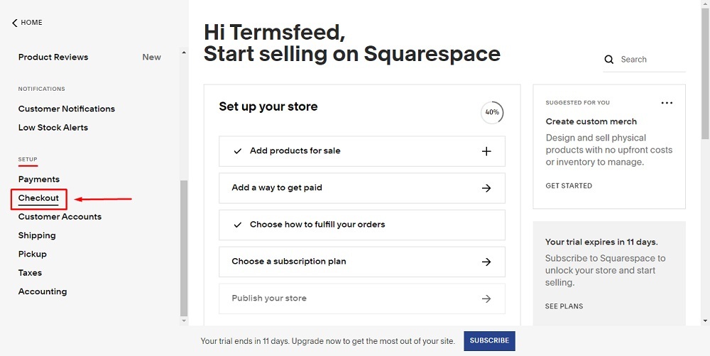 TermsFeed Squarespace: Website - Commerce with Checkout option highlighted