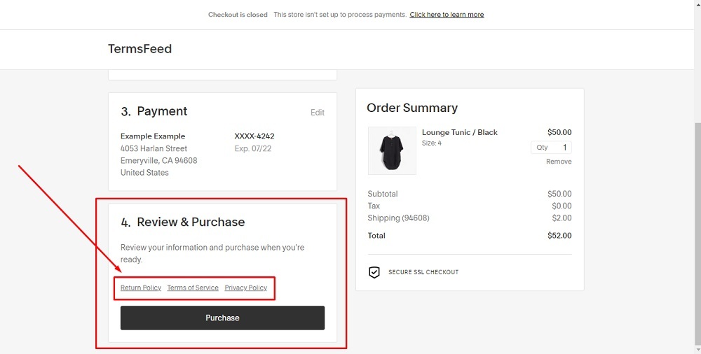 TermsFeed Squarespace: Checkout Page: Step 4. Review & Purchase with Store Policies added highlighted