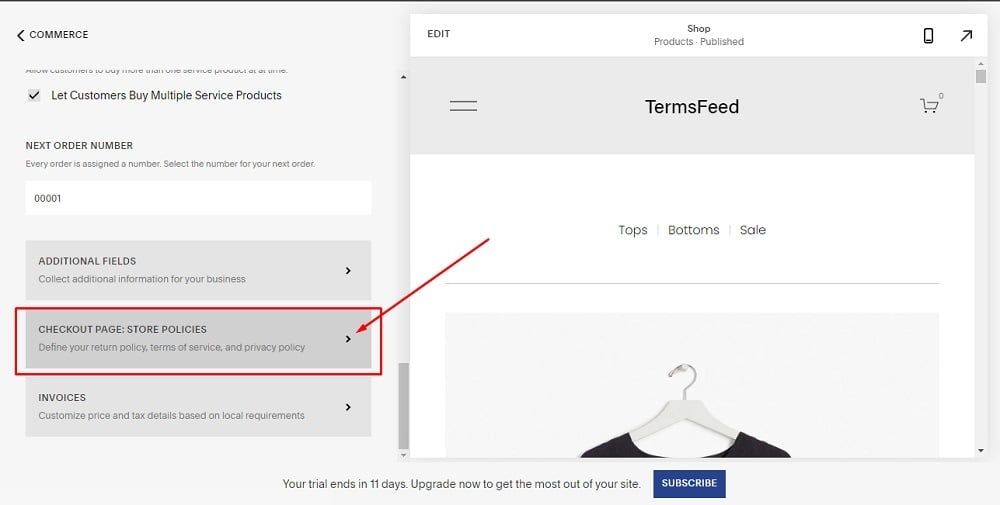 TermsFeed Squarespace: Website - Commerce with Checkout Page: Store Policies option highlighted