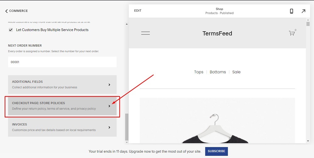 TermsFeed Squarespace: Website - Commerce with Checkout Page: Store Policies option highlighted