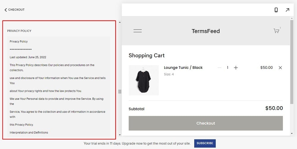 TermsFeed Squarespace: Website Dashboard - Commerce with Checkout Pages: Added Privacy Policy as Store Policies highlighted