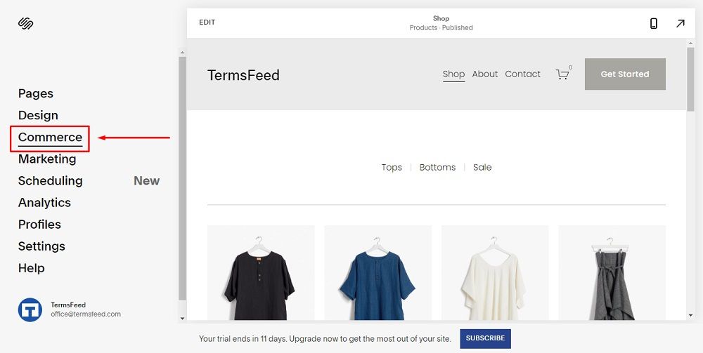 TermsFeed Squarespace: Website - Commerce option highlighted