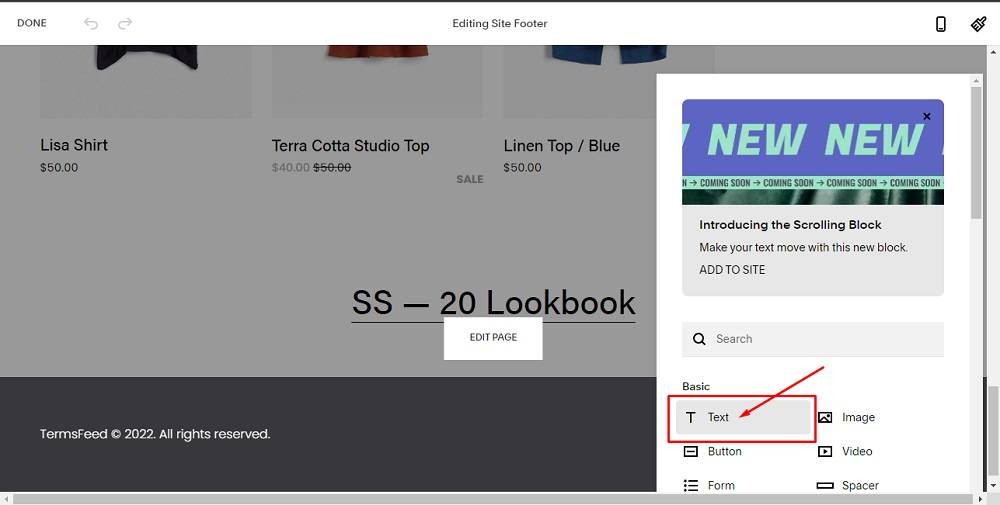 TermsFeed Squarespace: Website - Edit Site Footer with Add Basic Text Block option highlighted