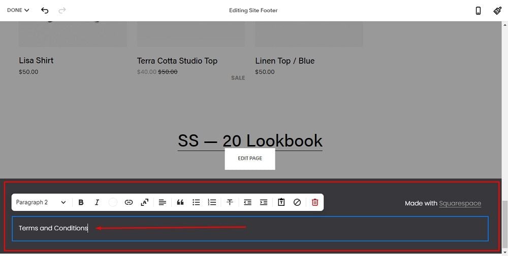TermsFeed Squarespace: Website - Edit Site Footer with Add Terms and Conditions Text highlighted