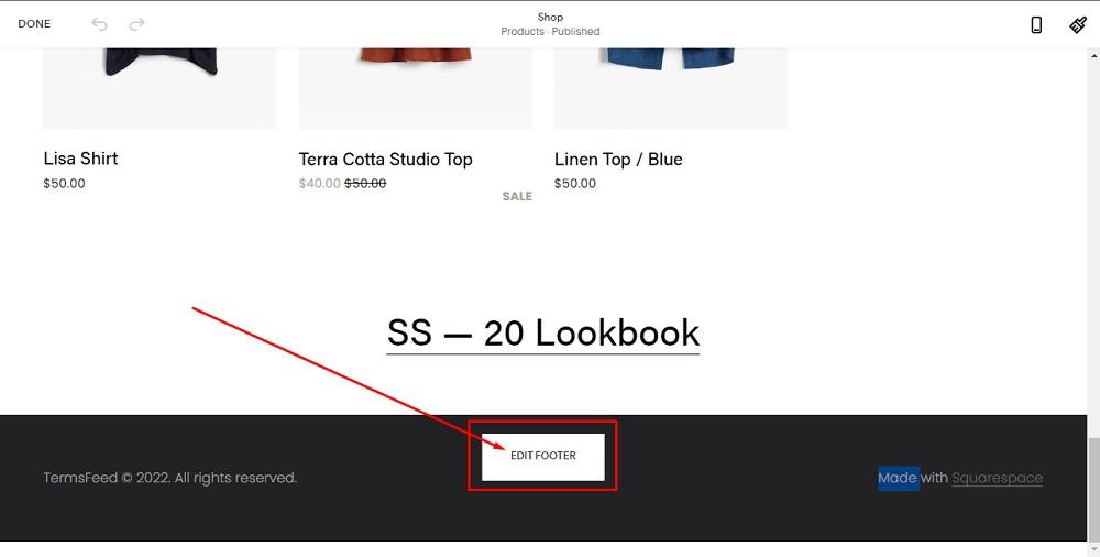 TermsFeed Squarespace: Website with Edit Footer option highlighted