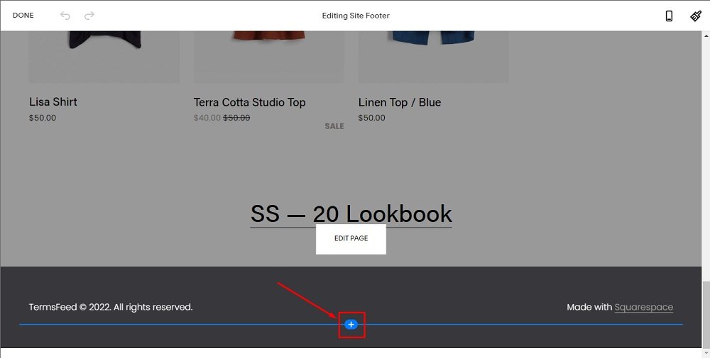 TermsFeed Squarespace: Website - Edit Site Footer with Plus option highlighted