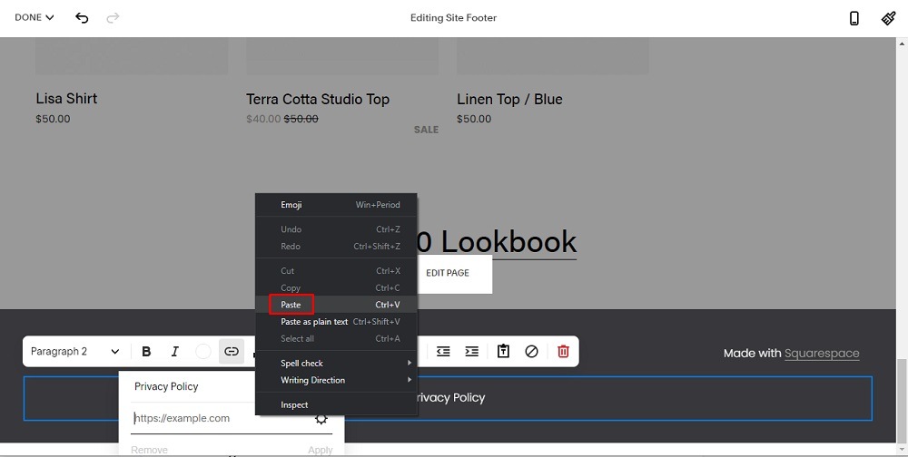 TermsFeed Squarespace: Website - Edit Site Footer - The Privacy Policy Link URL with Paste option highlighted