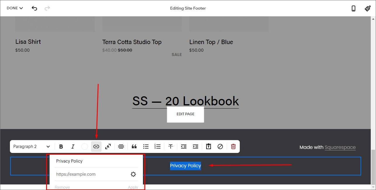 TermsFeed Squarespace: Website - Edit Site Footer - The Privacy Policy Text selected and Add Link option highlighted