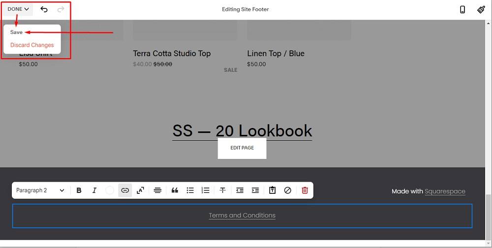 TermsFeed Squarespace: Website - Edit Site Footer - The Terms and Conditions Link URL added and Done and Save option highlighted