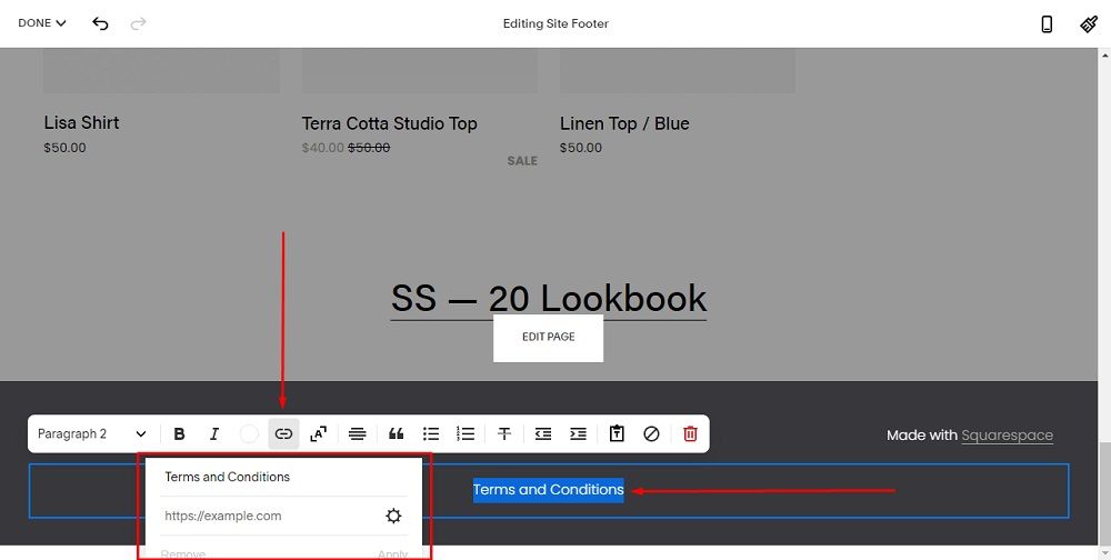 TermsFeed Squarespace: Website - Edit Site Footer - The Terms and Conditions Text selected and Add Link option highlighted