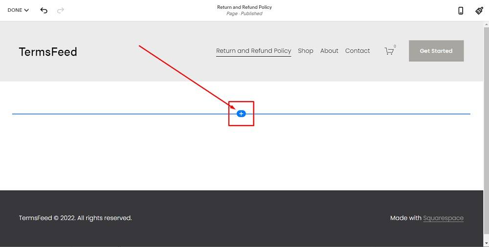 TermsFeed Squarespace: Website Pages - Privacy Policy - Add Blank Section with Plus sign highlighted