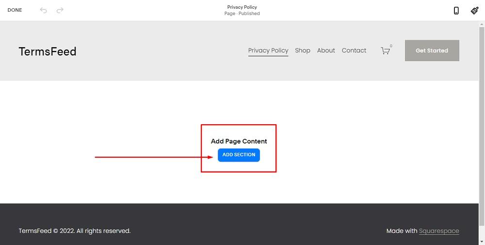 TermsFeed Squarespace: Website Pages - Privacy Policy with Add Page Content and Add Section button highlighted