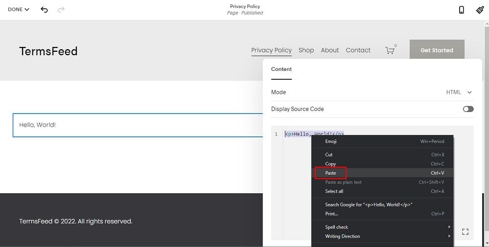 TermsFeed Squarespace: Website Pages - Privacy Policy - Add Section - Code - Paste option highlighted