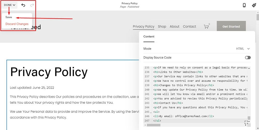 TermsFeed Squarespace: Website Pages - Privacy Policy - Code added with Done and Save option highlighted