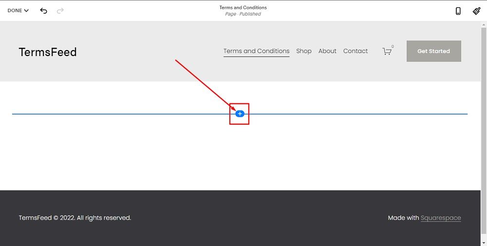 TermsFeed Squarespace: Website Pages - Terms and Conditions - Add Blank Section with Plus sign highlighted